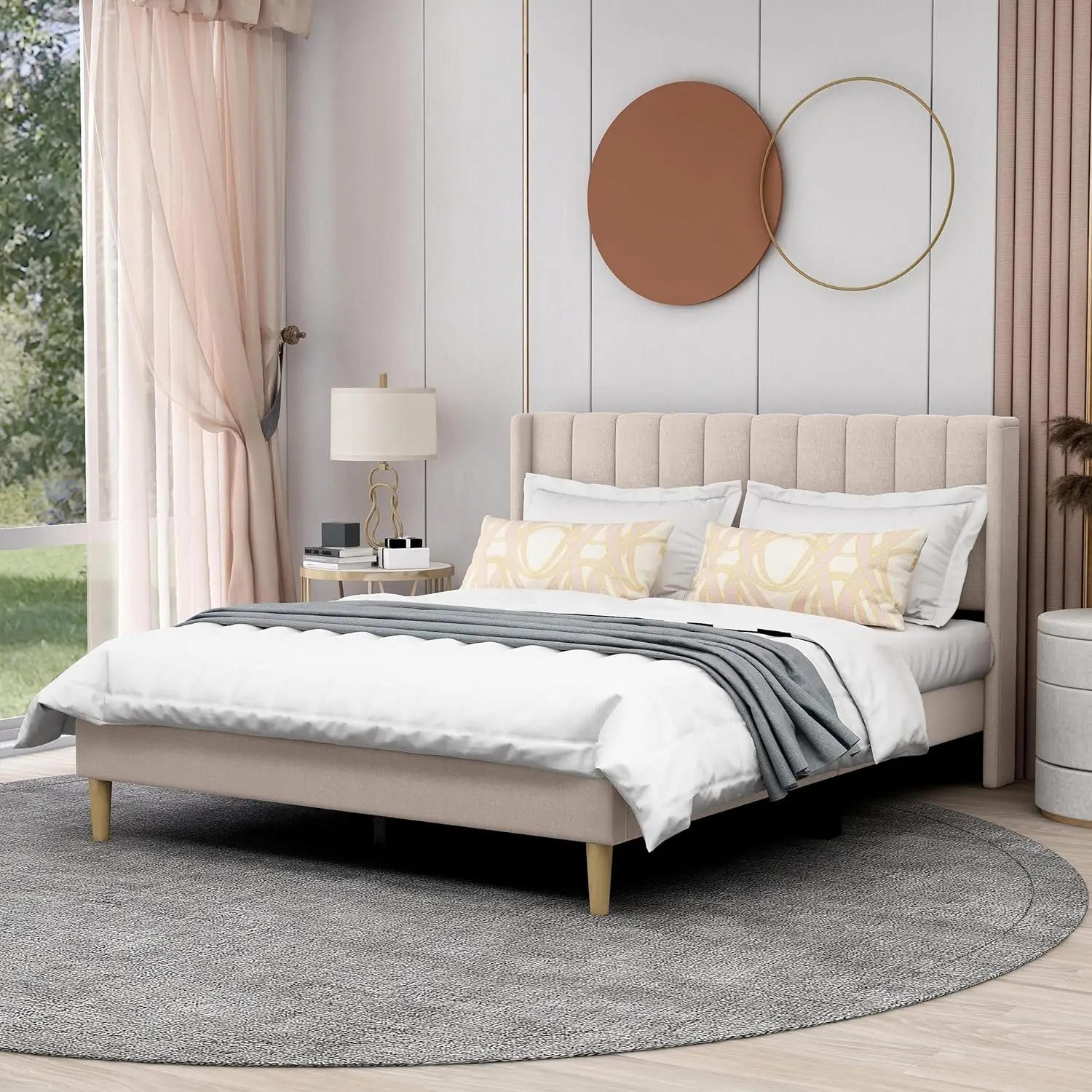 

Upholstered Platform Bed Frame Queen Size with Headboard and Footboard/Wooden Slats Support/No Box Spring Needed/Easy Assembly