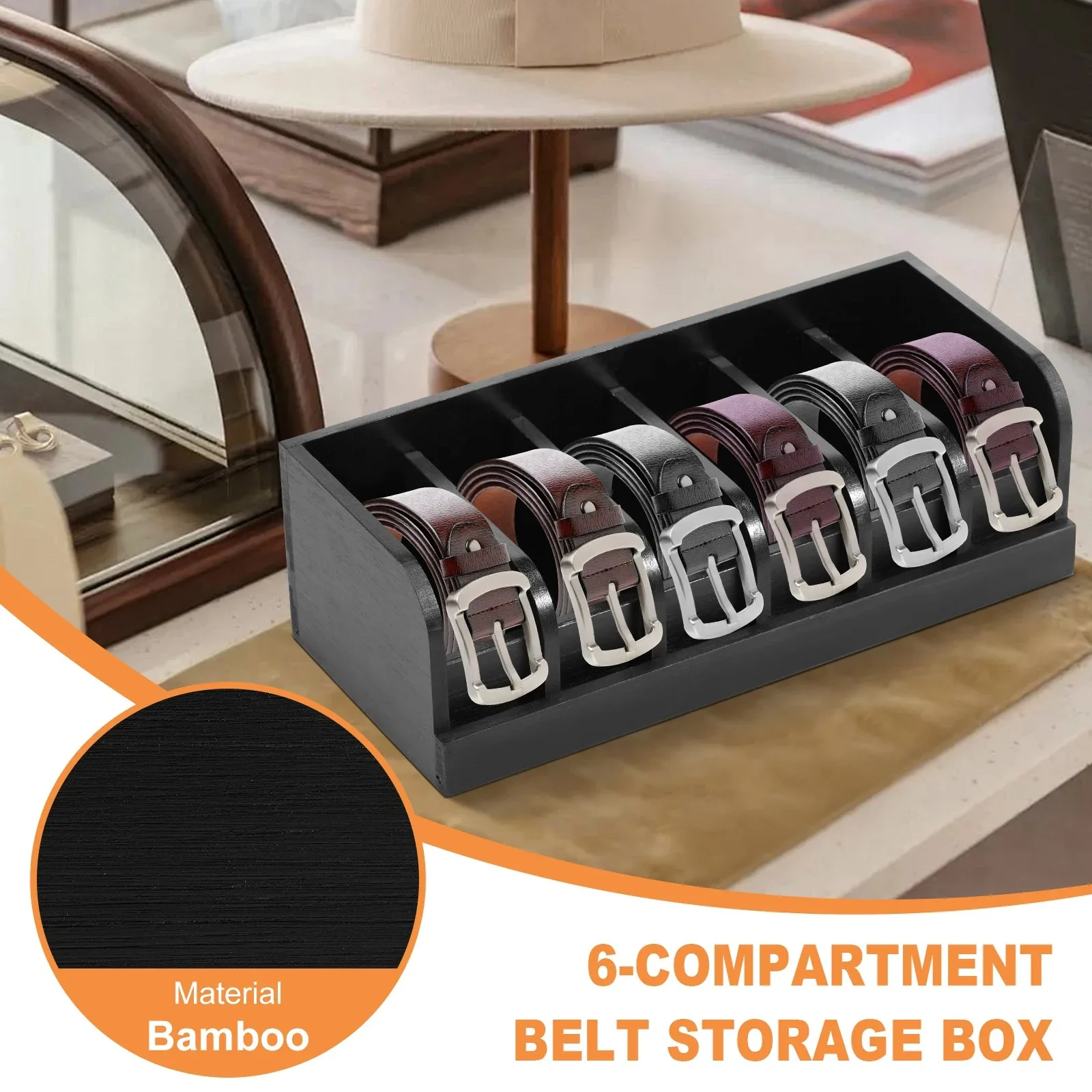 Natural Bamboo Belt Organizer 6-Grids Closet Belt Storage Rack Save Space Multipurpose Drawer Tie Purse Storage Displayer Holder 3