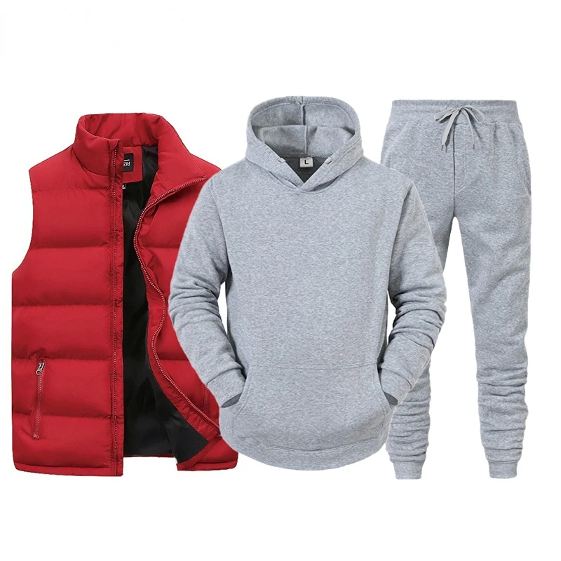 Men Tracksuit Vest + Hooded Sweatshirt + Pants 3 Piece Set Spring Autumn Solid Color Casual Fashion Streetwear Male Sportswear