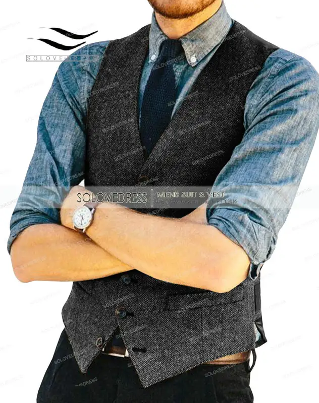 Mens Vests Tweed Herringbone Slim Fit Fashion Men's Suits Vests For Jacket Groomsmen  Waistcoat For Wedding - Image 15