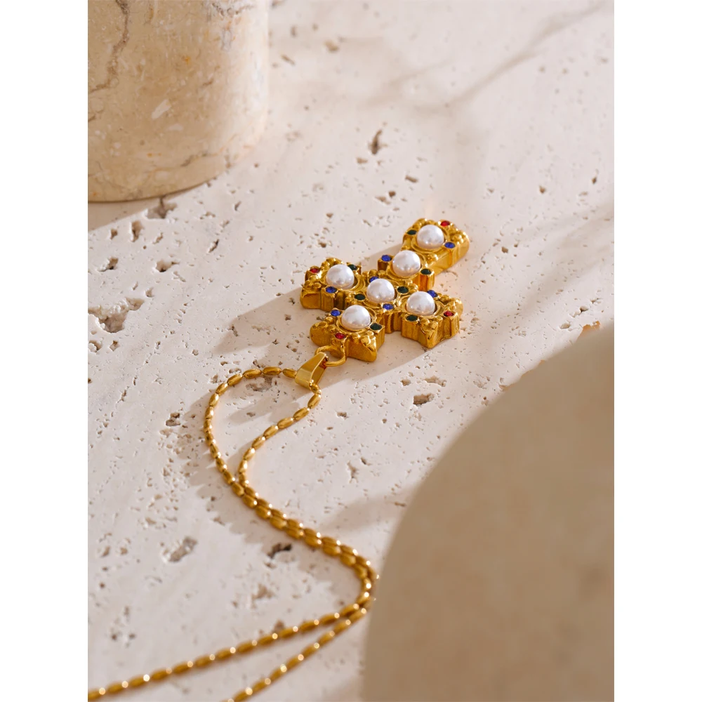 Yhpup Zirconia Imitation Pearls Cross Pendant Golden Necklace