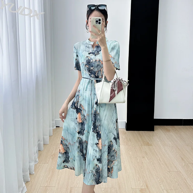 

YUDX Miyake Slim Dress 2023 Summer New Fashion Printed High Quality Pleated Temperament Commuter Casual Women's Long Dresses