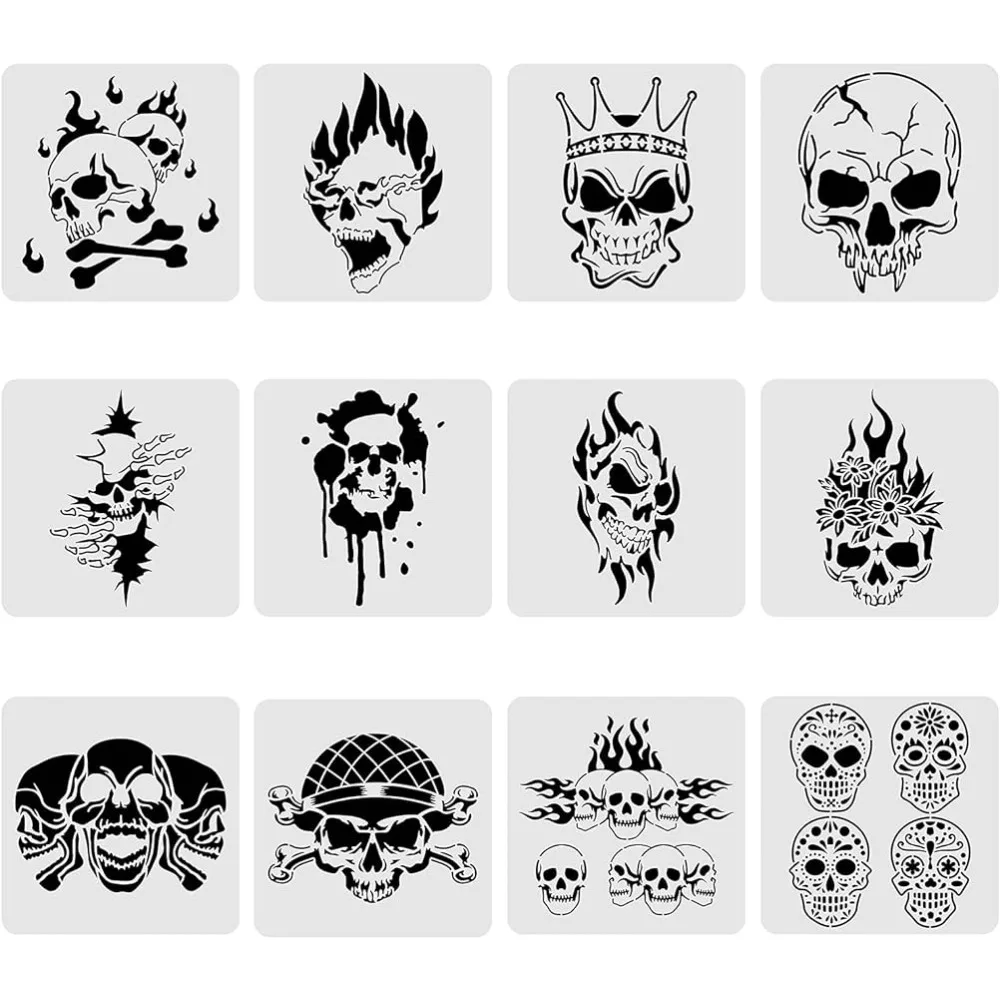 

12PCS Skull Pattern Plastic Drawing Templates, 12x12 Inch Halloween Theme Painting Template Stencil for Scrabooking Card Making