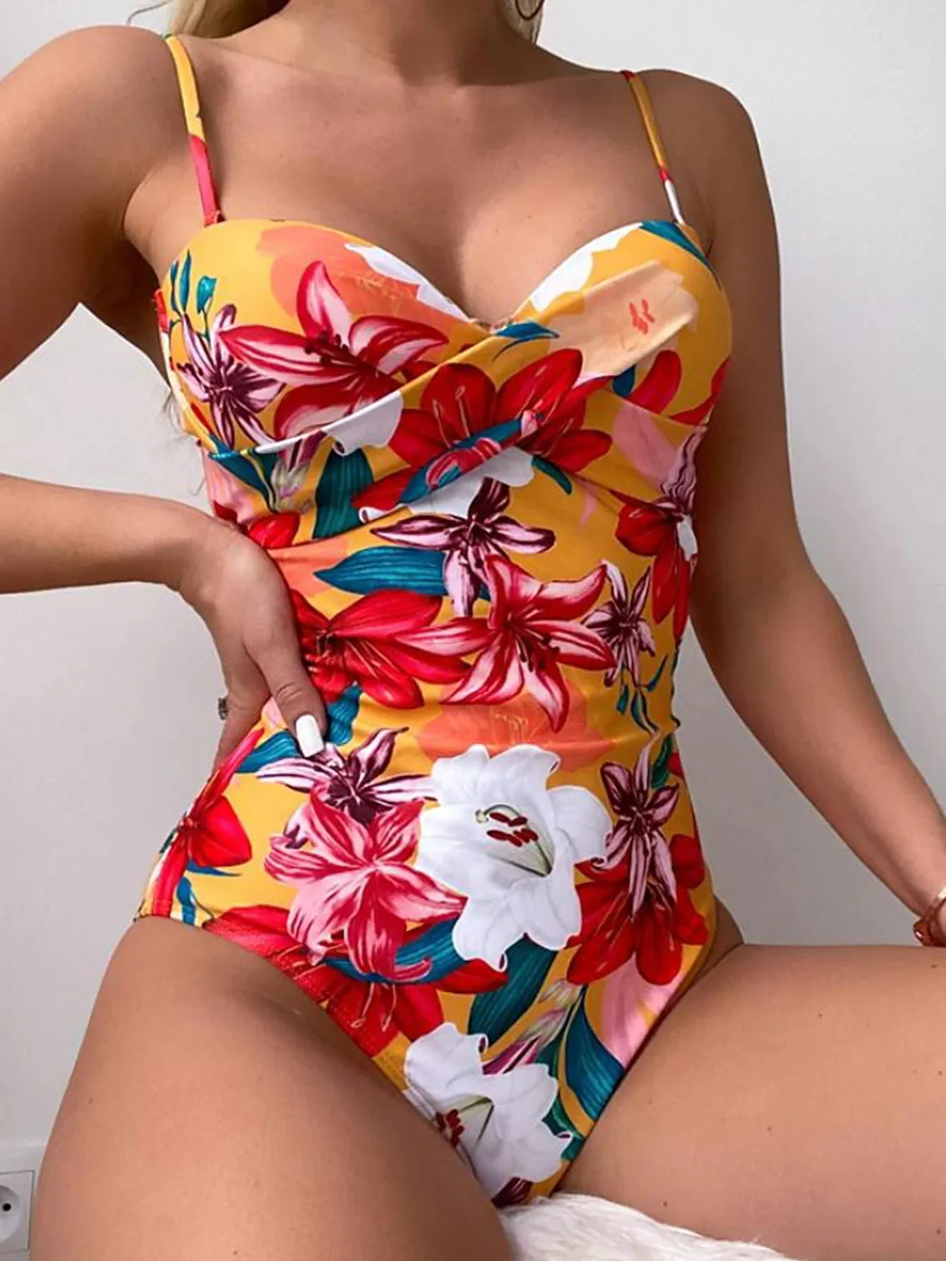 Vintage Flroal Print Swimsuit Women Padded Pleate Tummy Control One Piece Swimwear Cut Out Beach Bathing Swimming Suits one piece swimsuit women swimsuit