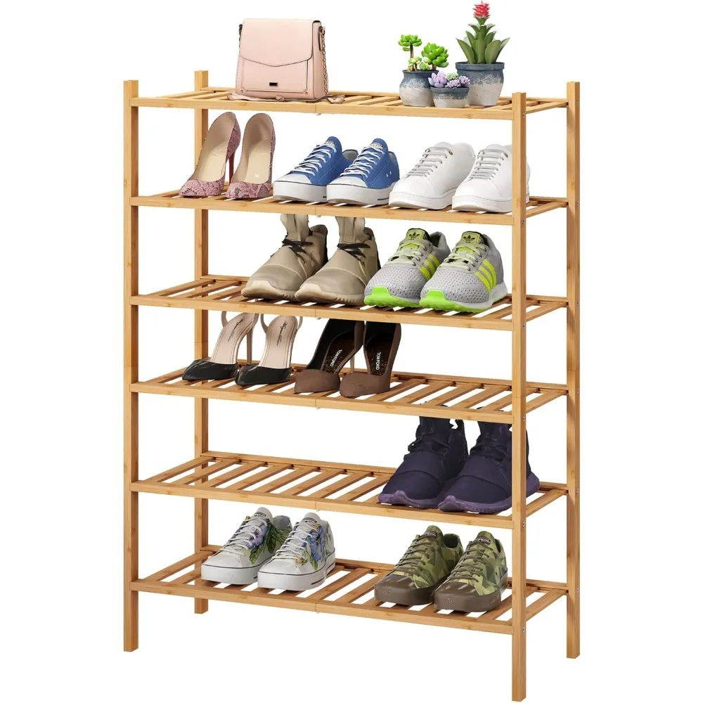 6-Tier Bamboo Shoe Rack for Entryway, Stackable | Foldable | Natural, Shoe Organizer