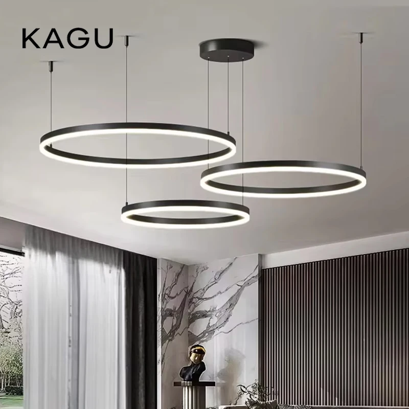 Minimalist Modern LED Chandelier Brushed Gold Black Ceiling Rings Hanging Lamp Adjustable Height For Home Living Room
