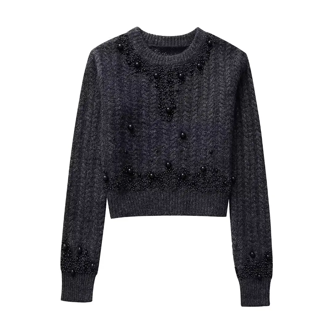 Damemode afslappet strik imiteret perlepynt trøje Kvinde Chic Elegant Langærmet Slank sweater Toppe Mujer_voghion.com