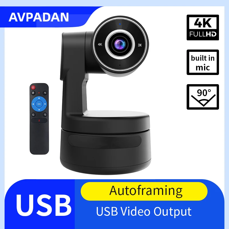 4K PTZ USB cam autoframing with Mics Camera 3X Digital Zoom auto Focus for Youtube Living Stream Online Meet Video Camera pc webcam pc web camera computer camera