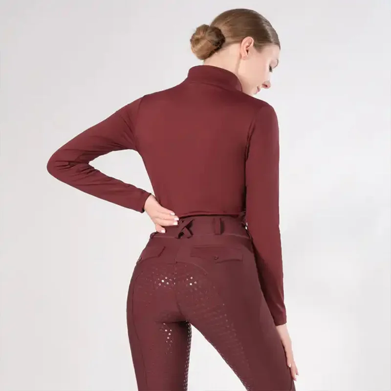 MXLLINA Burgundy Horse Riding T-Shirts Women Soft Equestrian Long Sleeve Tops Ladies Rider Show Base Layer T-shirt Wear Clothing 3