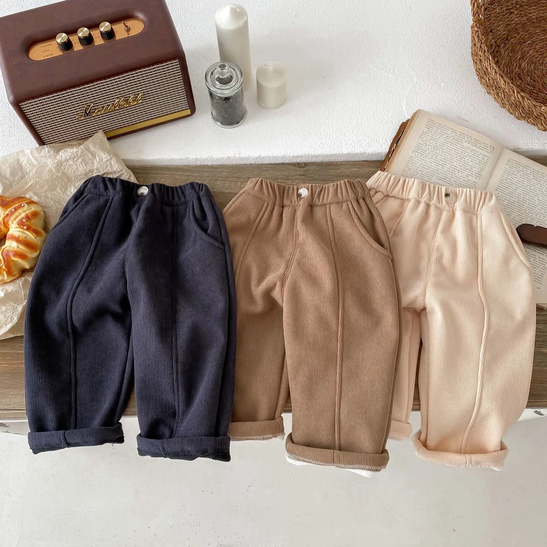 

2023 Winter Kids Corduroy Pants Baby Boys Plus Fleece Warm Casual Pants Solid Color Toddler Girls Thick Cotton Trousers