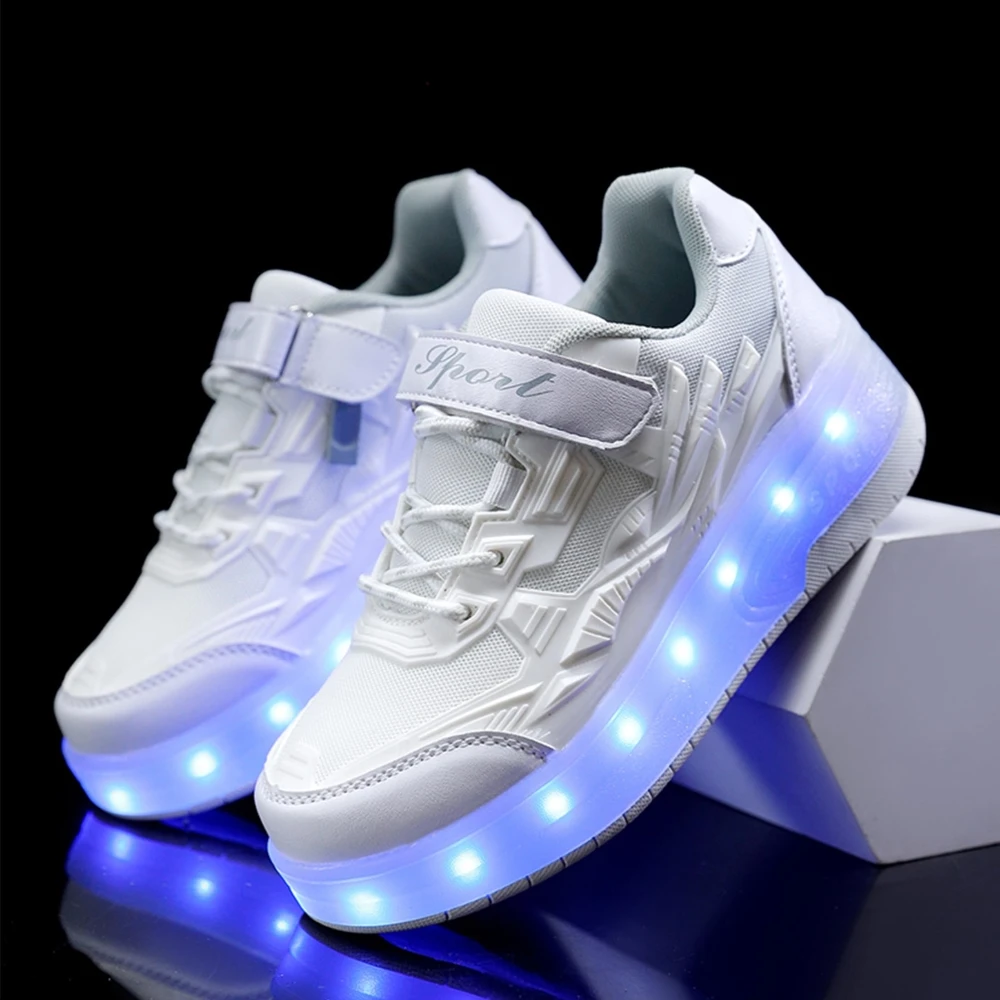 Kid Wheels Shoes Roller Skate Shoes 2 Wheels Child Deform Sneakers Outdoor Sport Deformation Parkour Runaway Boy Girl Youth Gift