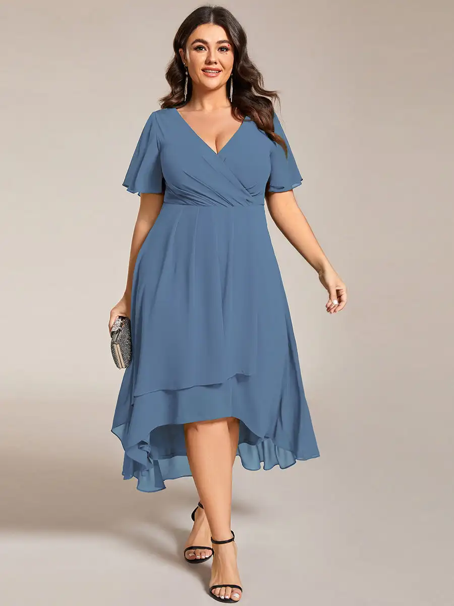 

Plus size Evening Dresses Ruffles Sleeve Pleated V-Neck Midi 2024 Ever pretty of A-Line Dusty Navy Chiffon Wedding Guest Dress