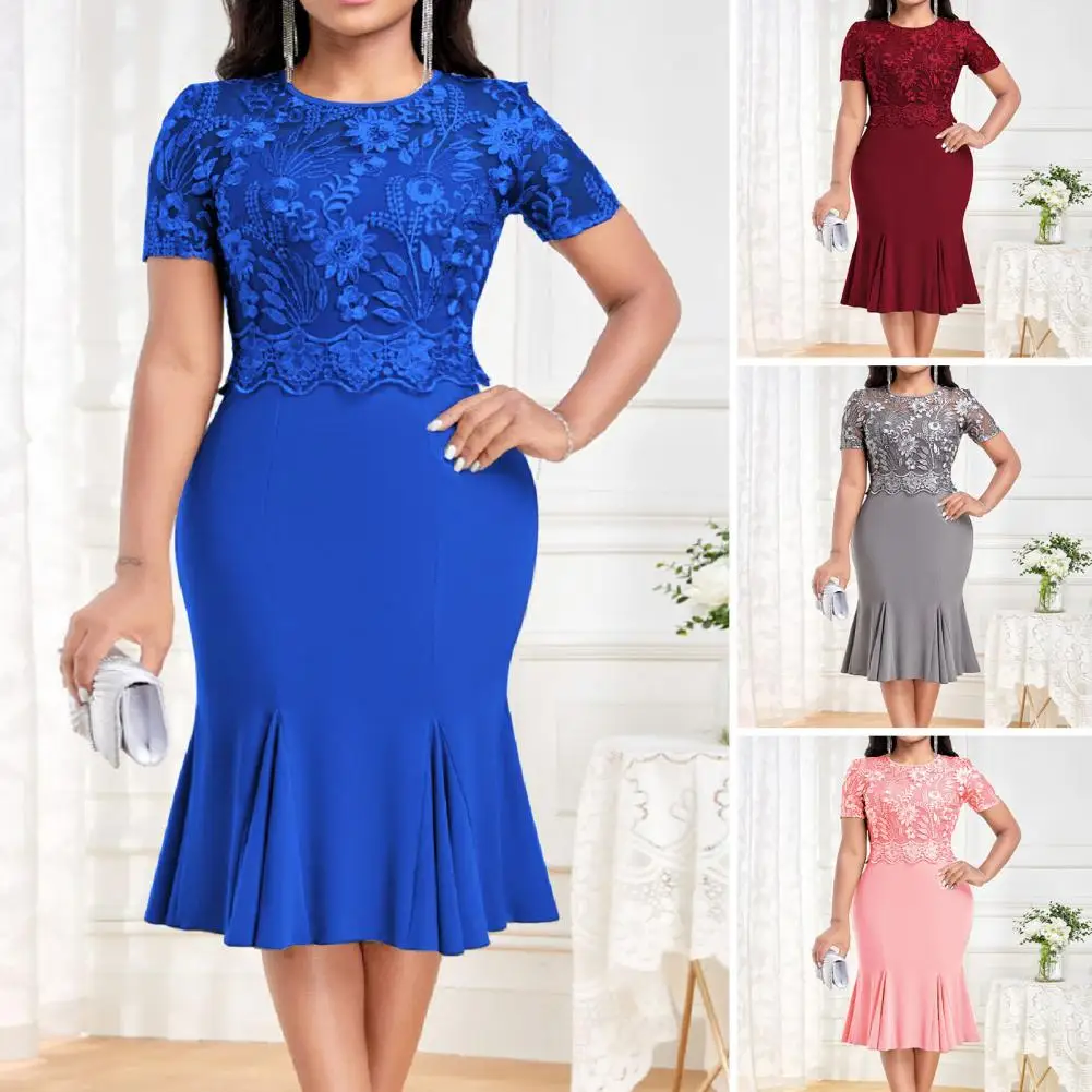 

Plus Size Lace Dress Elegant Plus Size Lace Splice Dress O-neck Short Sleeve High Waist Wrapped Fishtail Gown Hollow Design