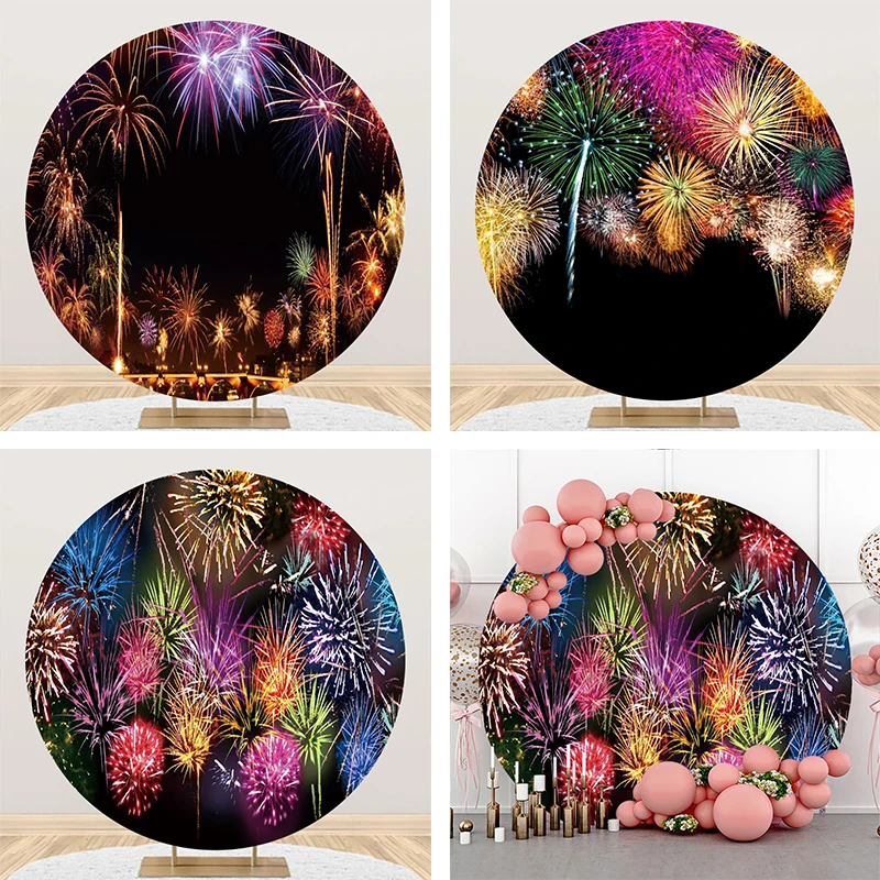 

Colorful Fireworks Round Backdrop Cover Happy New Year 2024 Circle Elastic Background for Photography Props Photozone Banner