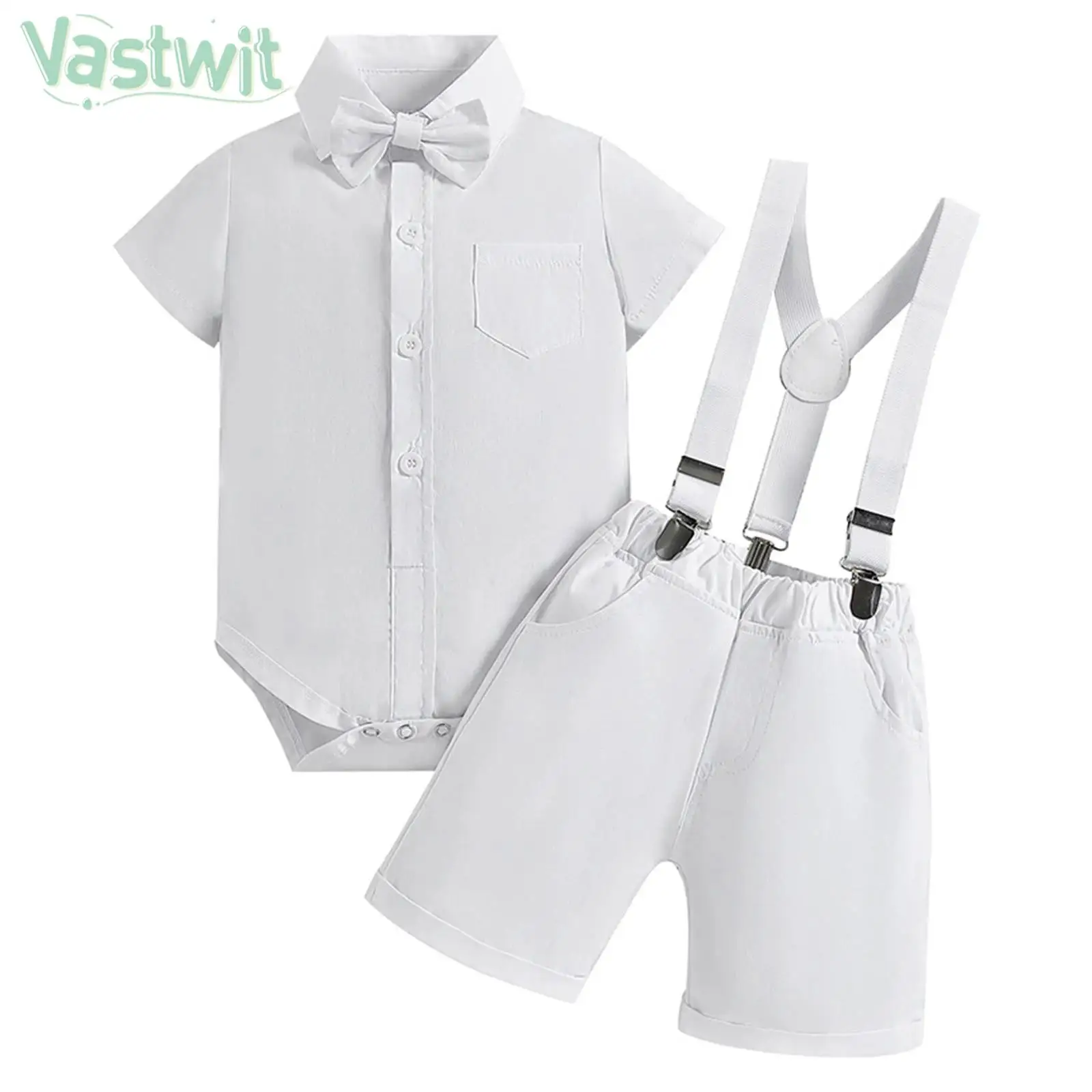 

Infant Boys Formal Baptism Birthday Wedding Party Gentleman Suit Short Sleeve Shirt Romper with Suspenders Pants Bow Tie Set