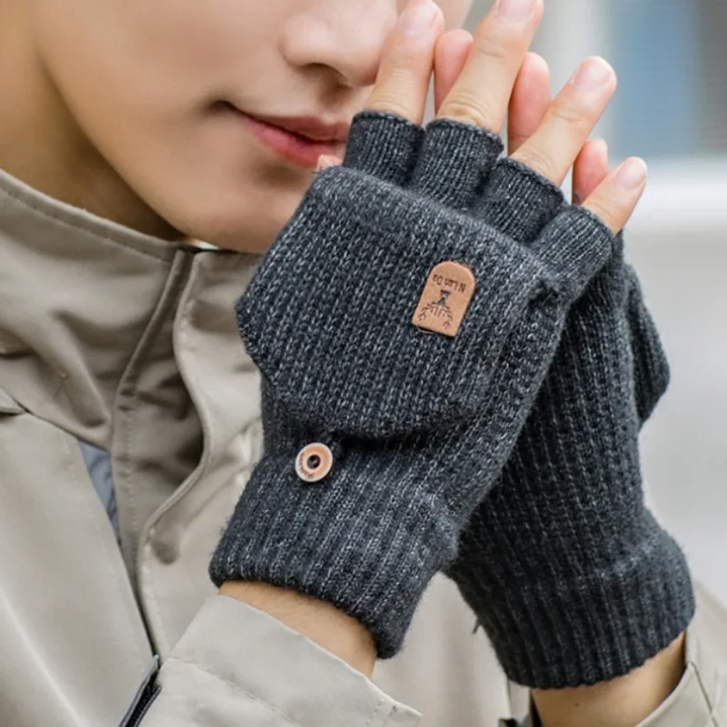 1 Pair Knitted Flip Gloves Wool Gloves Exposed Finger Thickening Winter Warm Touch Screen Fingerless Glove Cycling Sports glove 4