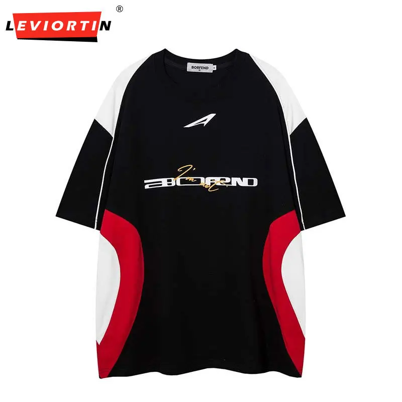

Men Racing T Shirts Streetwear Hip Hop Color Block Patchwork Sports Cotton Tshirt 2023 Harajuku Summer Cotton Loose Oversize Top