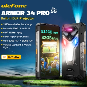 【2025 New】Ulefone Armor 34 Pro 5G AI Rugged Phone Smartphone Android 15 32GB+512GB 25500mAh Night Camera Built-in Projector