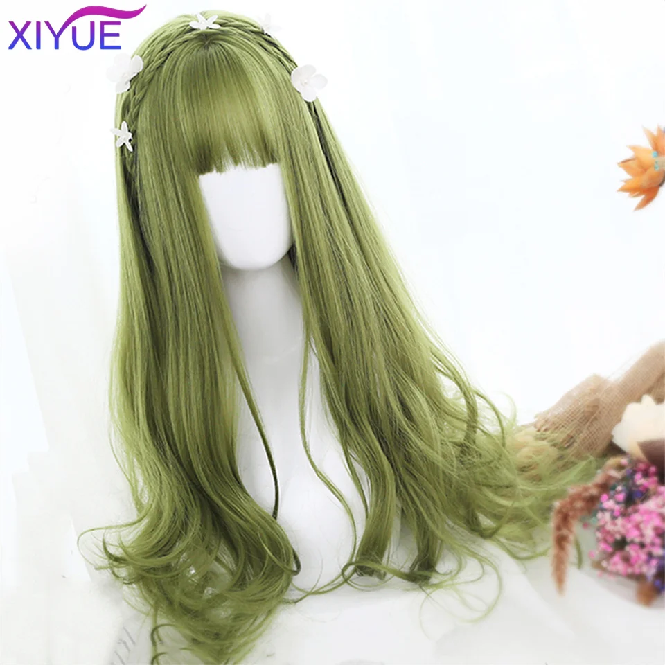 XIYUE Green Long Straight Synthetic Wigs for Women Natural Wave Wigs with Bangs Heat Resistant Cosplay Hair Halloween