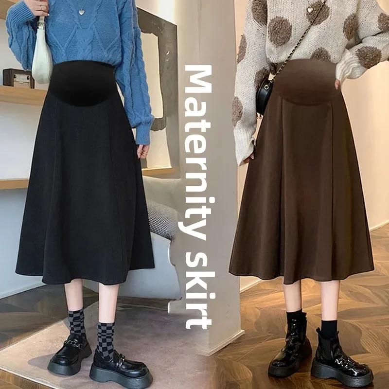 High Waist A- Line Mini Skirt for Pregnant Women Winter Outerwear Woolen Skirt Slimming Mid-Length