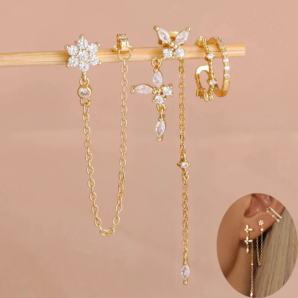 3-teiliges Set mit Blumen- und Schmetterlings-Quasten-Ketten-Ohrhängern für Damen, Zirkonia, falsche Perforation, Ohrclip, hypoallergen, Statement-Schmuck