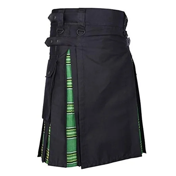 Kilts-Men's Plus Size Scottish Hybrid Black Cotton & Tartan Utility Kilts with Leather Straps Kilts for Men