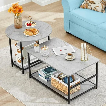 WOHOMO Coffee Table, Modern Style Coffee Tables for Living Room Marble Center Table with Storage 2 in 1Detachable Table Set 2