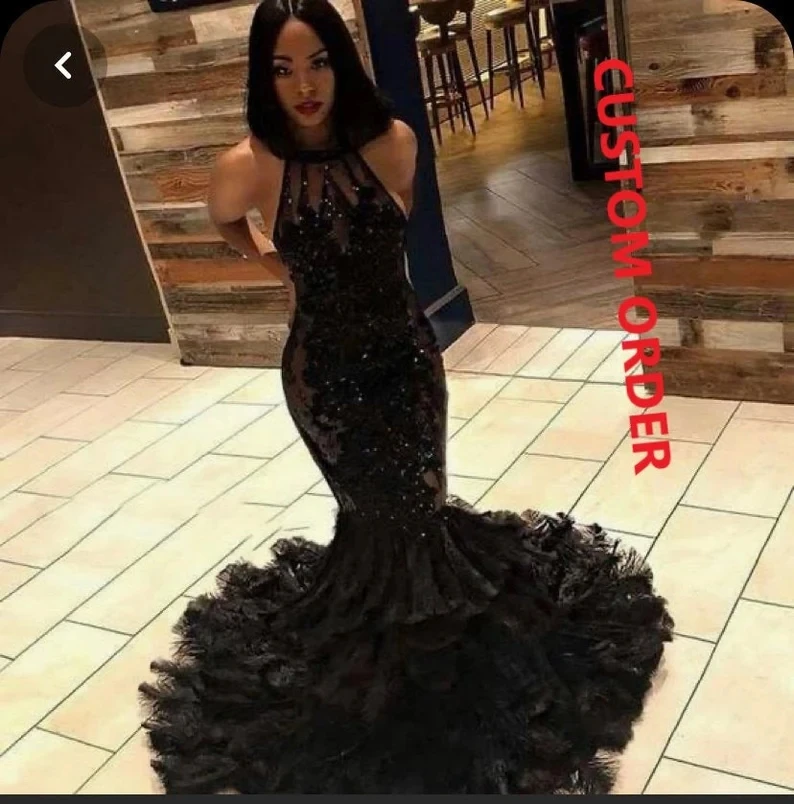 

Black African American Prom Dresses Mermaid Halter Appliques Lace Black Girls Nigeria Robe De Soiree Evening Dresses Gown