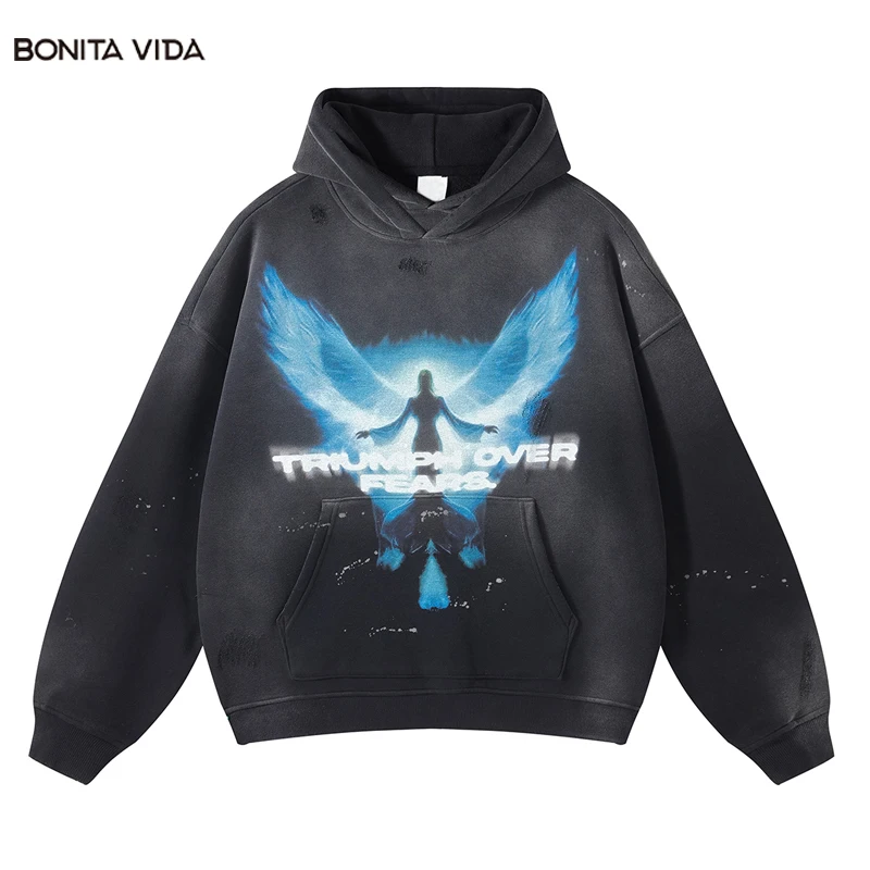 

Hip Hop Fleece Hoodie Streetwear Vintage Ripped Angel Wing Graphic Print Washed Hooded Sweatshirt 2023 Harajuku Punk Pullover