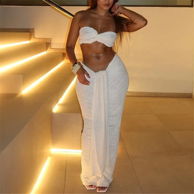 

Elegant Stacked Folds Two Piece Set Women Solid Thin Strapless Chest Tops+Slim Skirts Female Matching Suit