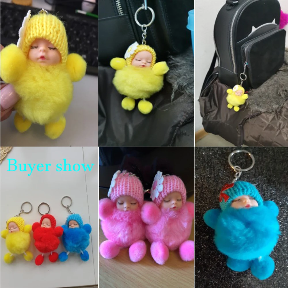 Cute Sleeping Baby Bowtie Fluffy Pompom Fur Plush Doll Keychain 1 Pcs