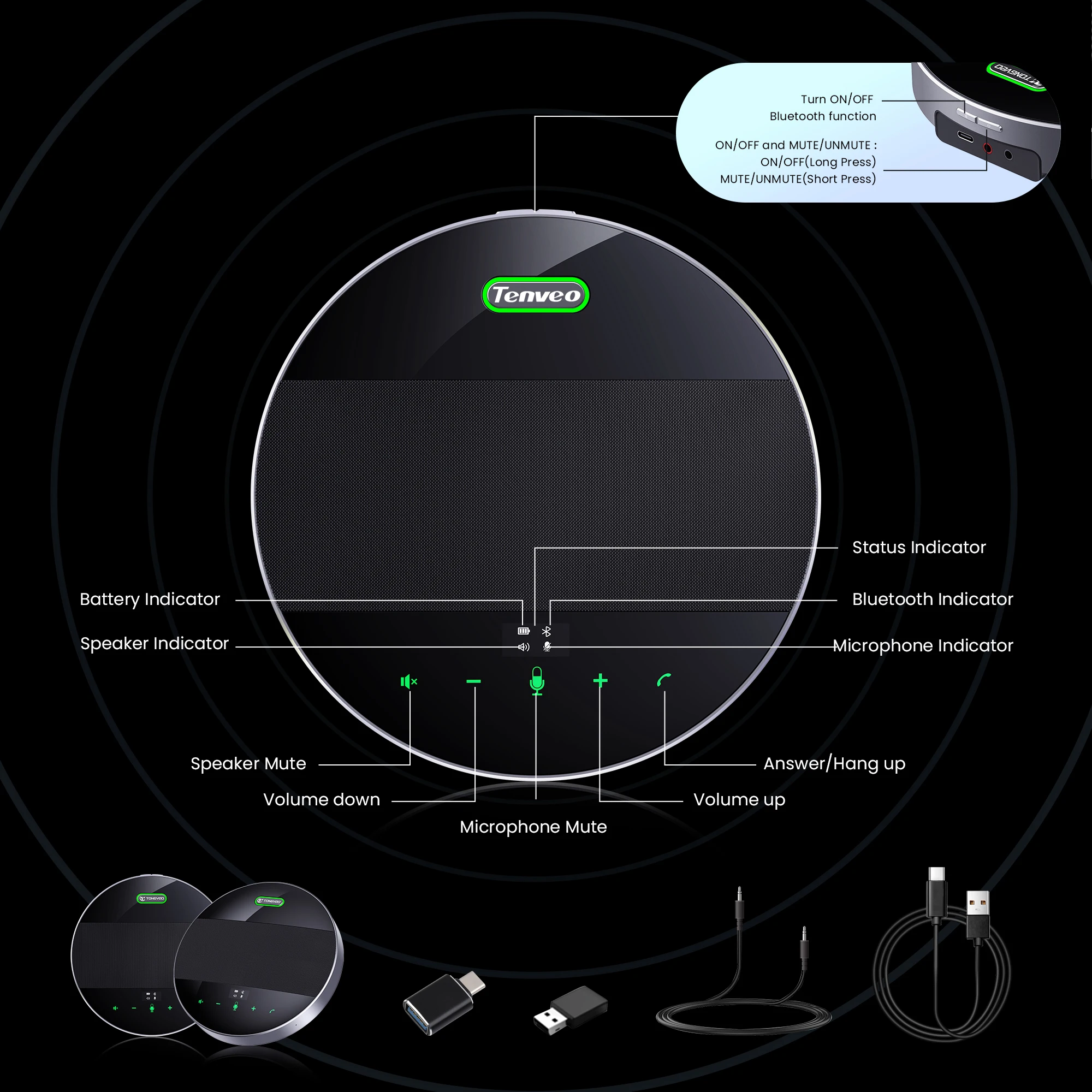 Bluetooth Speakerphone-Tenveo M5BEX with Daisy Chain Cable, Computer Speakers with Microphone VoiceIA Noise Cancelling