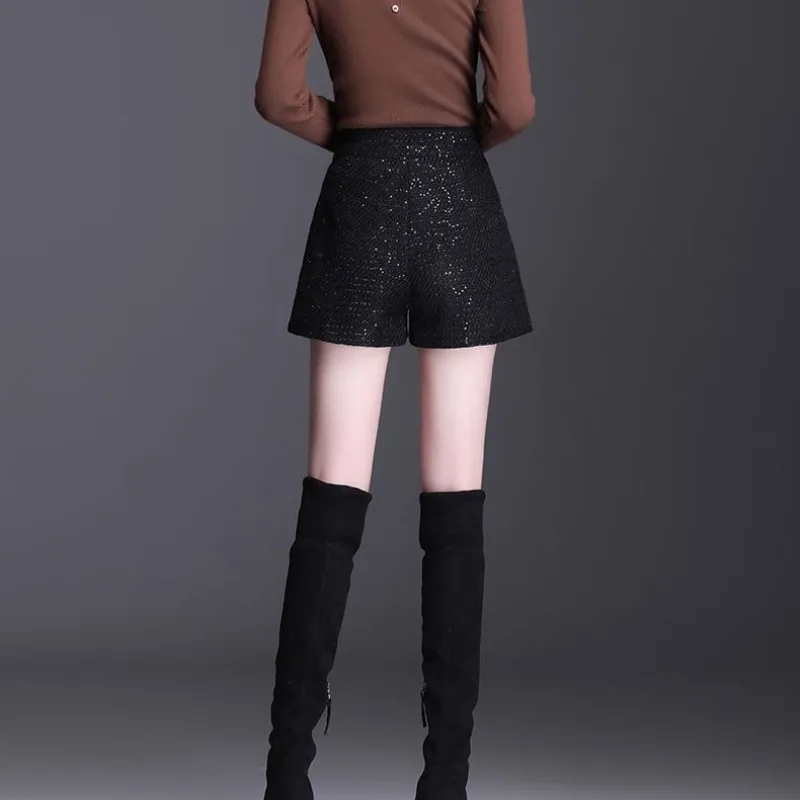 Women's High Waist Solid Button Pockets Casual Sequined Wide Leg Pants Spring and Autumn Office Lady Fashion Loose Wooien Shorts