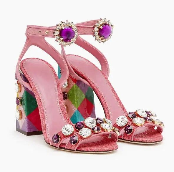 Luxury Design Woman Pink Sheep Skin Crystal Diamonds Peep Toe Sandals