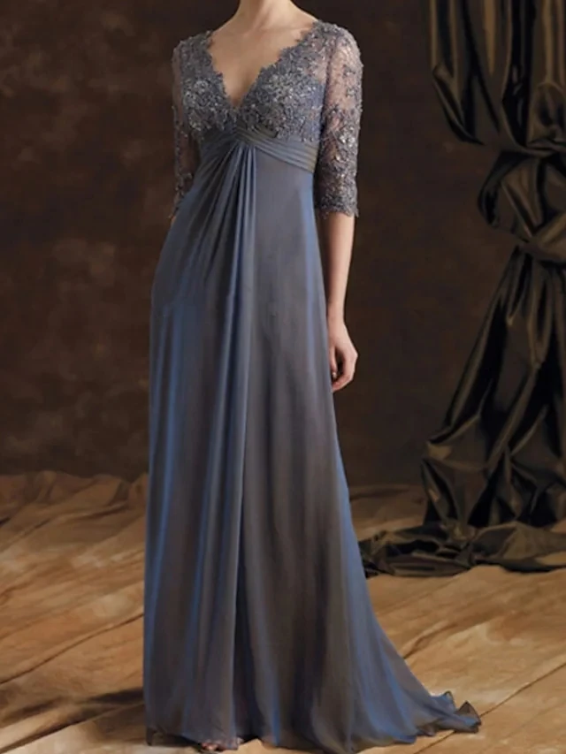 

A-Line Mother of the Bride Dress Elegant V-Neck Floor Length Chiffon Lace 3/4 Length Sleeve with Embroidery Ruching Wedding Gues