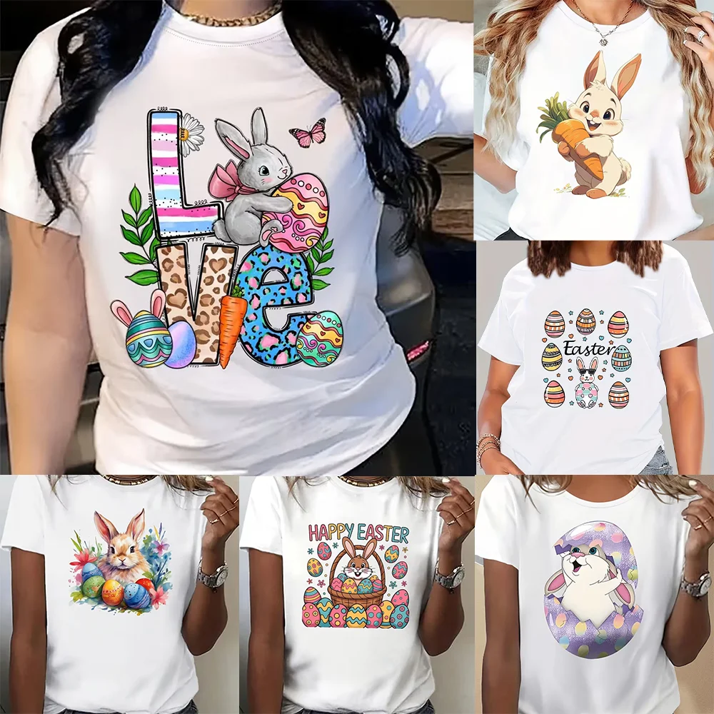 Cute Flower Easter Egg Rabbit T-shirt - Fashion Short-Sleeved Casual T ...