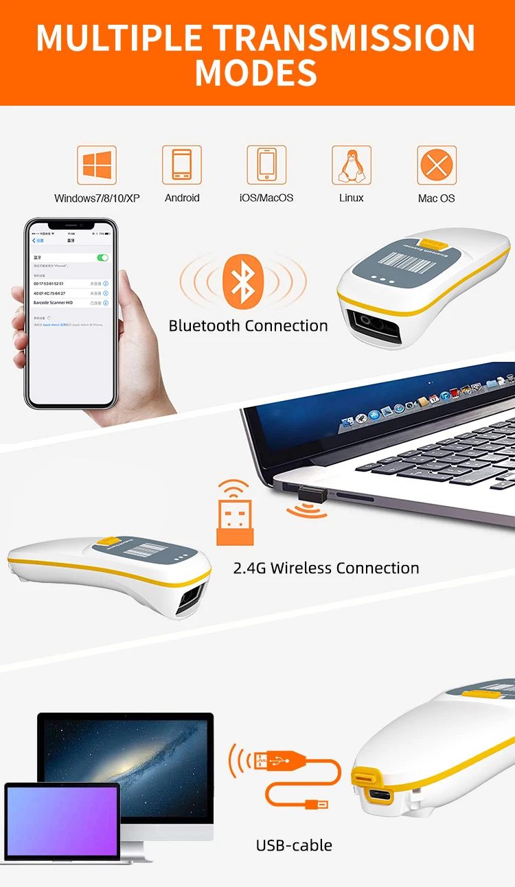 HBA-300R 무선 CMOS 바코드 스캐너, USB 블루투스 미니 포켓 QR 리더, IOS, 안드로이드, 윈도우, 모바일 결제, 1D, 2D