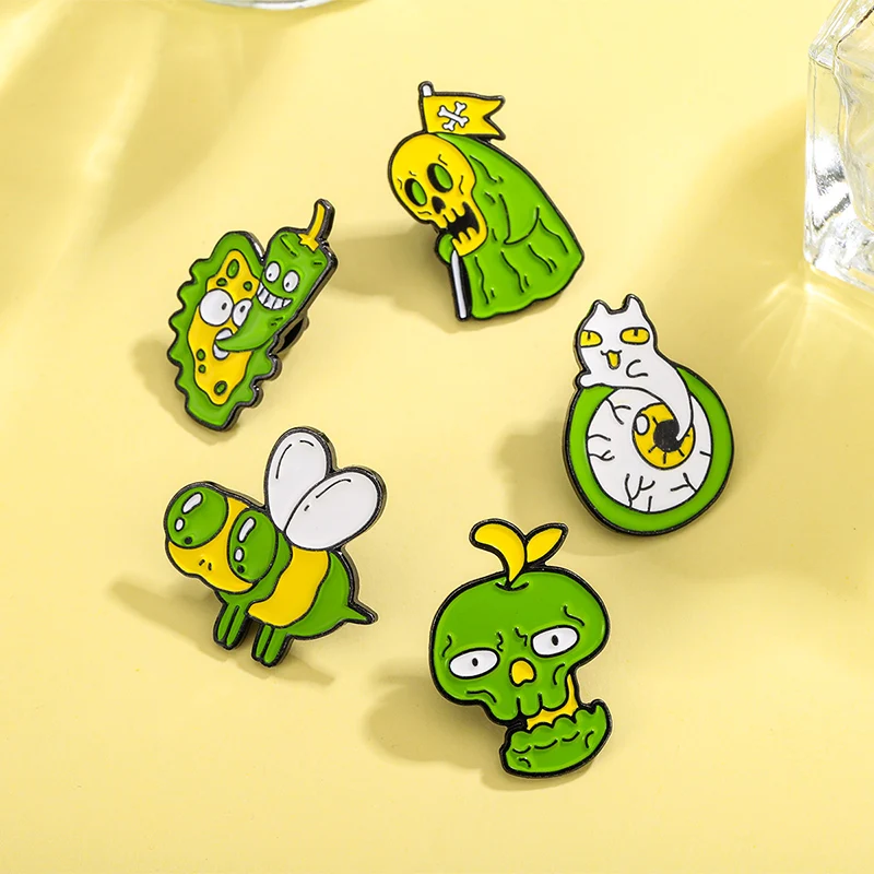 Punk Green Skull Ghost Spille Smaltate Death God Big Eyeball Bee Bitter Melon Chili Spille Distintivo Personalizzato Gioielli Di Halloween Broche