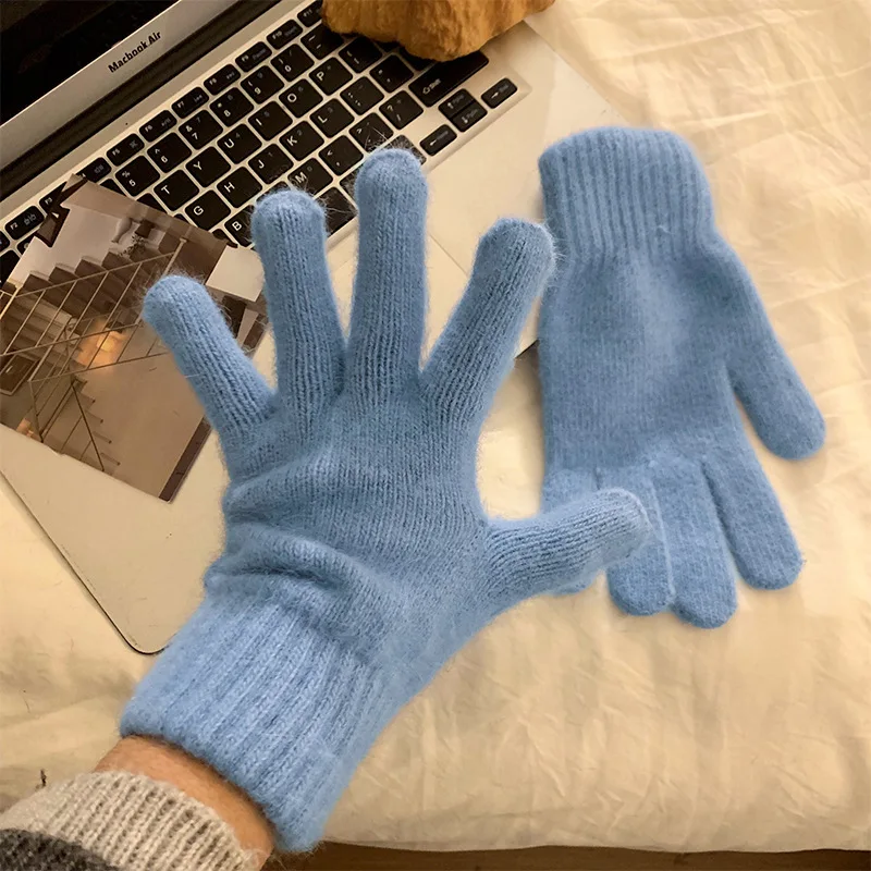 1 Pair Solid Cute Girl Student Winter Thick Knitted Woolen Full Finger Gloves Women Outdoor Cycling Driving Fashion Windproof