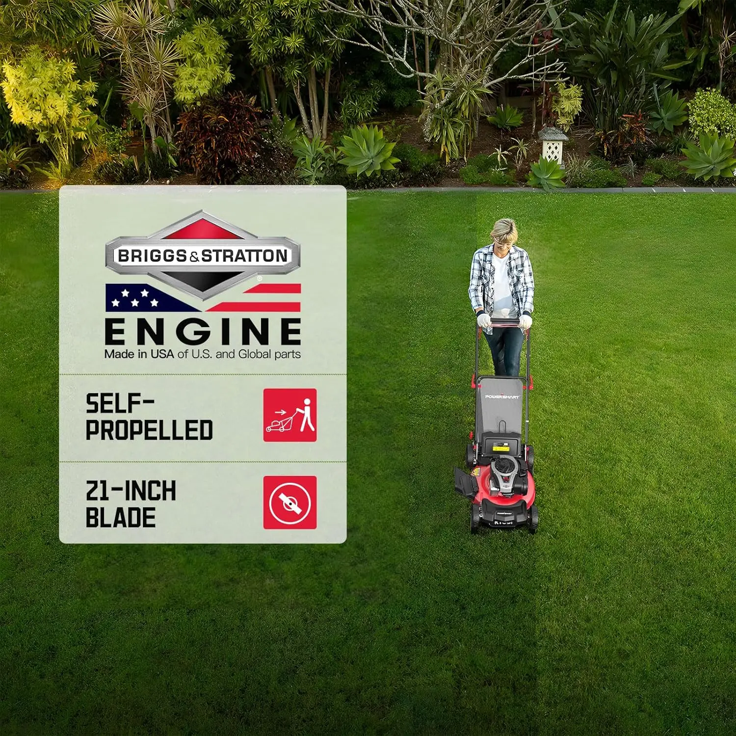 Self Propelled Gas Lawn Mower Engine 21 Inch Steel Deck 3 in 1 Mulch 6 Position Dual Lever Height Adjustment