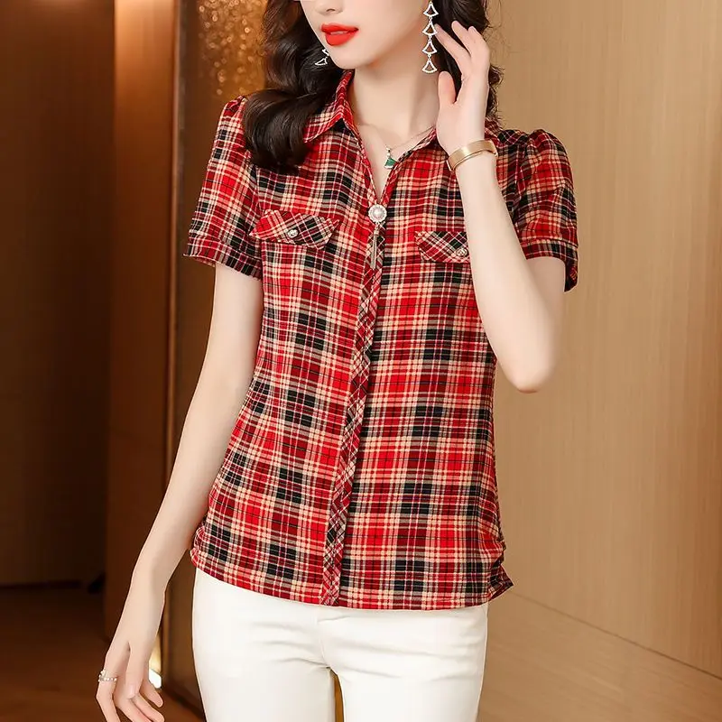 2023 New Summer Fashion Trend Minimalist Plaid Lapel with Studded Stitching and Fake Pockets Oversize Loose Casual Women's Shirt l 4xl large size chiffon blouses women 2023 summer elastic waist wave striped oversize top raglan sleeve office shirts with belt