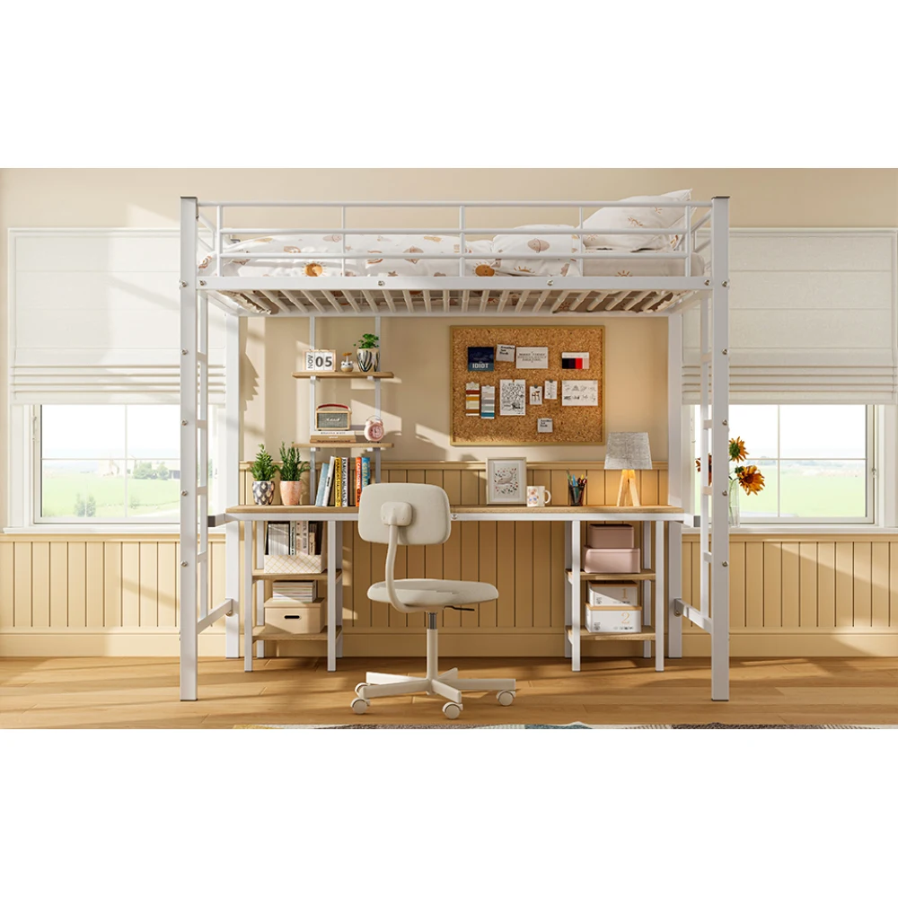 90x200cm Bett mit Eisenrahmen, Etagenbett mit Tisch und Regalen, für Kinder und Jugendliche, Kinderbett mit Seitenleiter und Fallschirmgitter – Detail 9