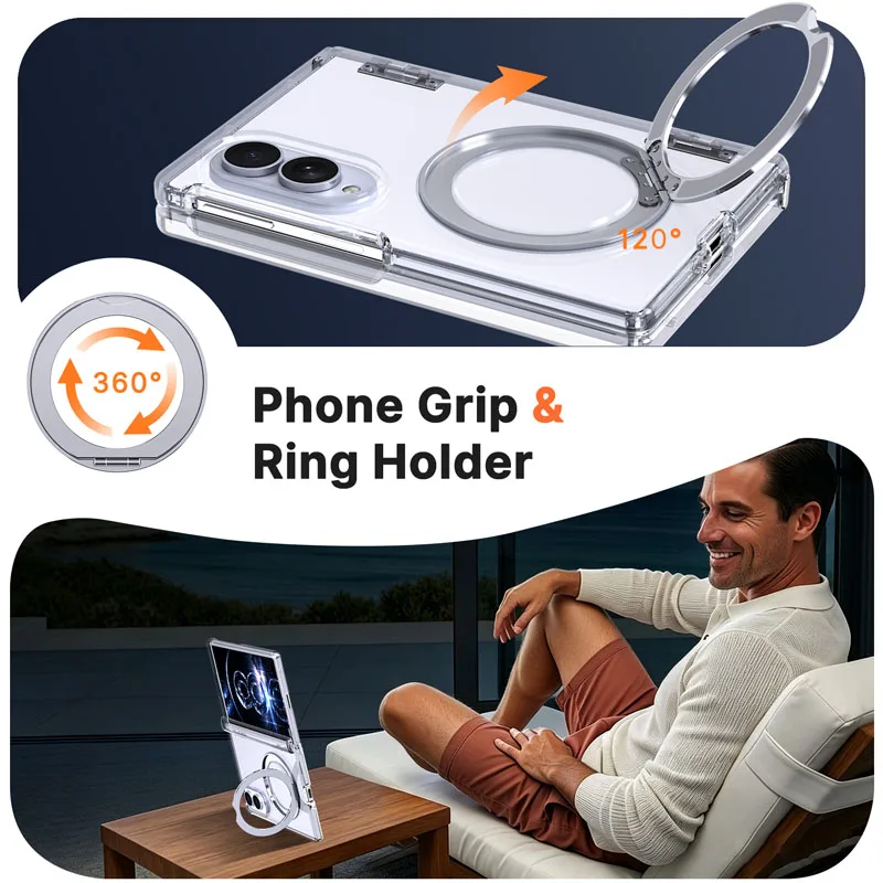 Ultra Slim Magnetic Foldable Phone Case with 360° Rotating Ring Stand and Hinge Cover