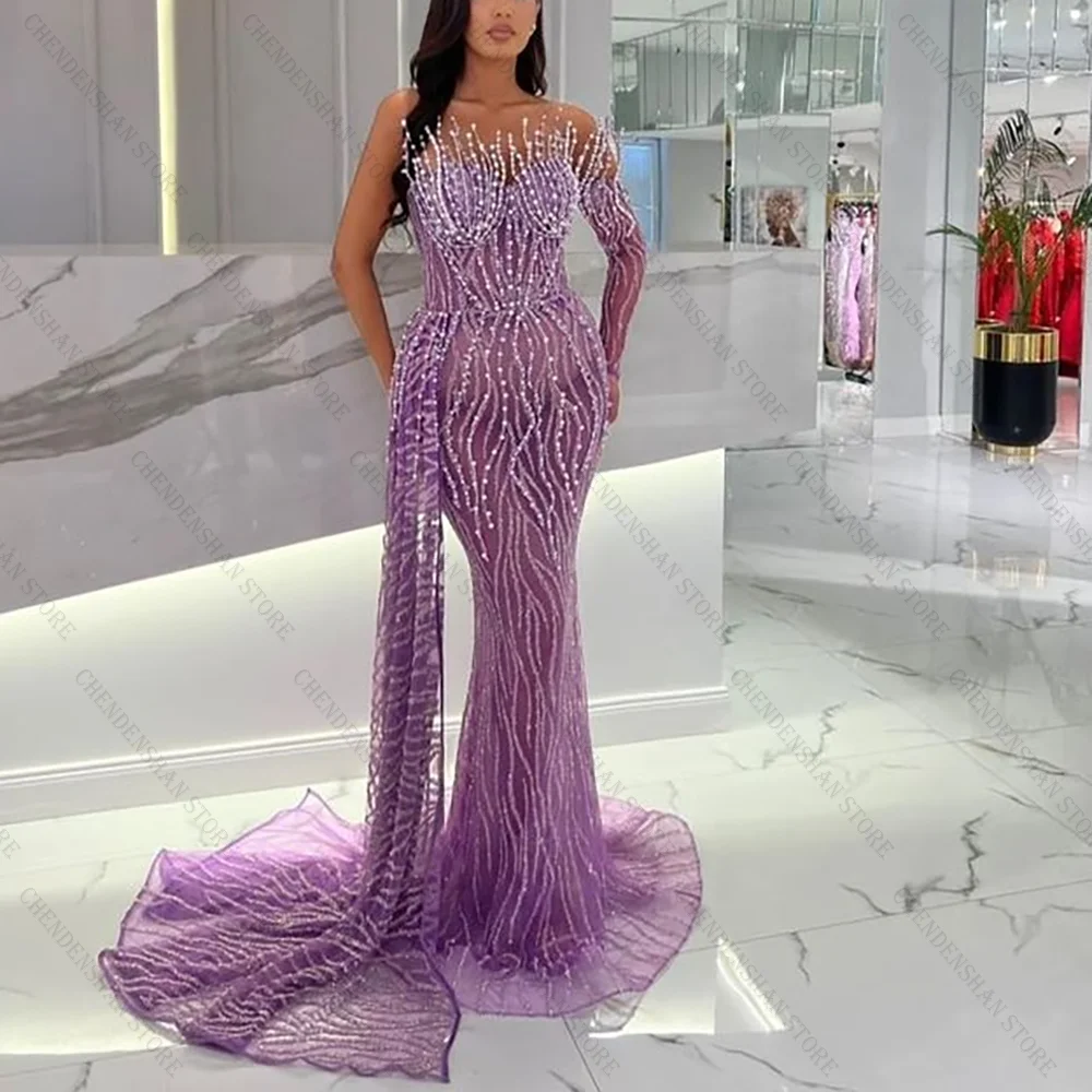 Purple One Shoulder Beading Lace Mermaid Evening Dress Chic Prom
