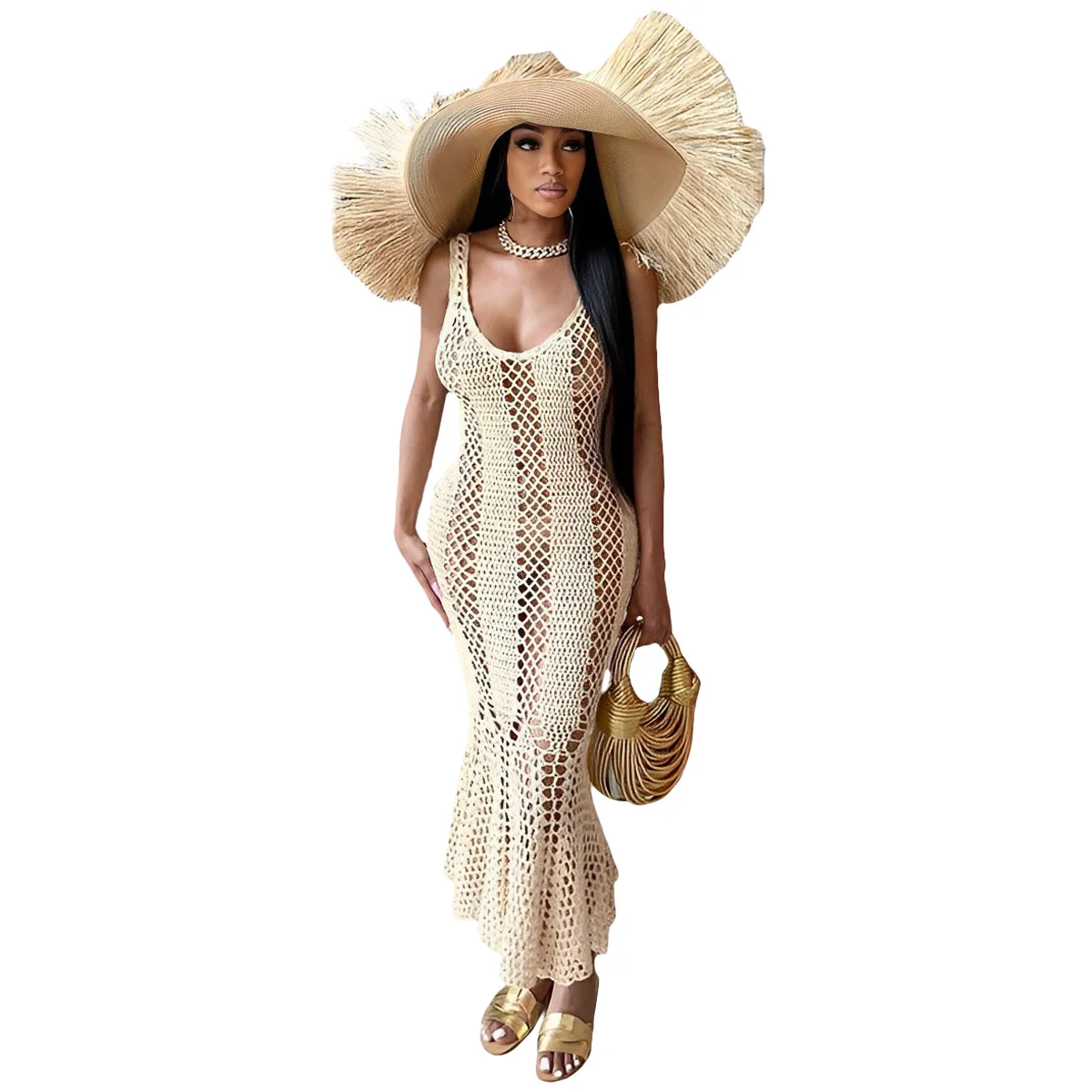 

Women Sexy Hollow Out Pure Color Knitting Sleeveless V Neck Fishtail Dress Summer Long Dresses 2023 Bodycon Tunic Beach Female