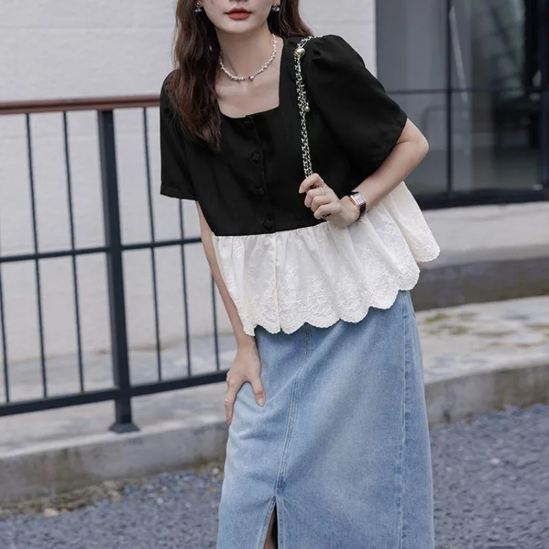Korean Commute Square Neck Short Sleeve Blouses 2024 Summer New Loose Spliced Gauze Ruffles Chic Printed Button Women Shirt Tops