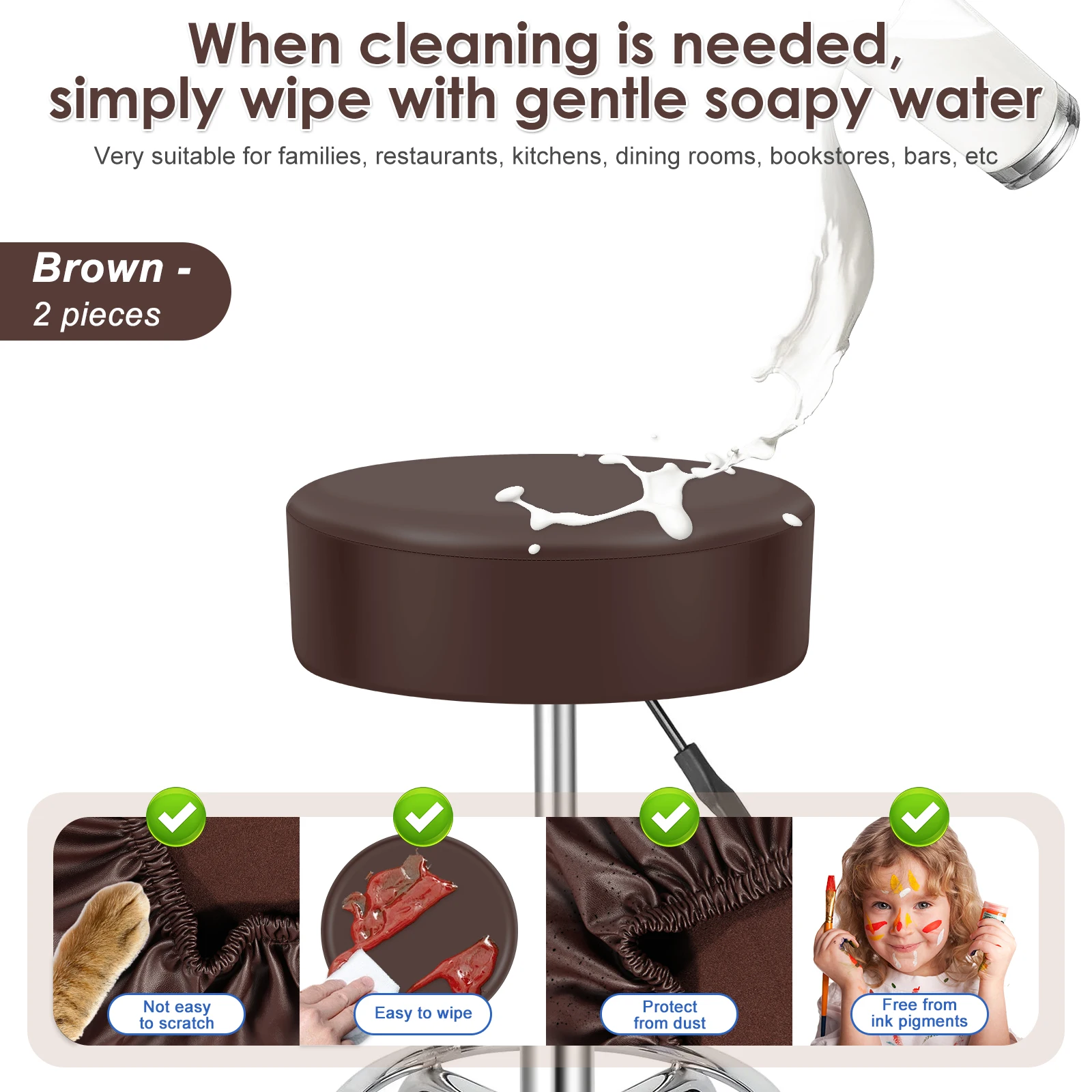 2Pcs Round Stool Seat Cover PU Leather Bar Stool Chair Cover Waterproof Dustproof Elastic Furniture Protector for Restaurant Bar