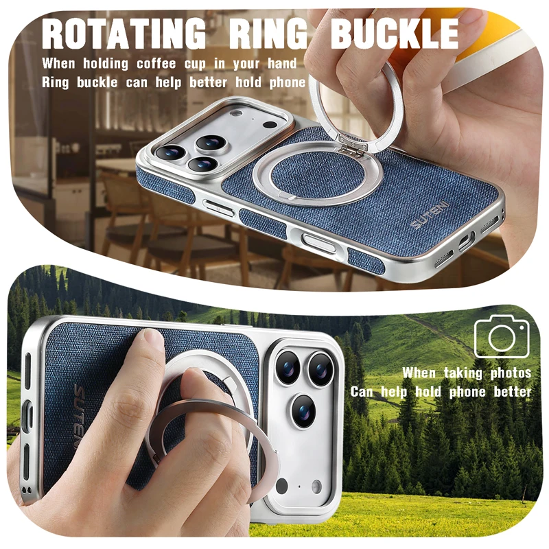 Fashion Magnetic Denim Pattern PU Leather Phone Case with 360° Rotating Ring Bracket