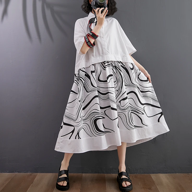 

2023 New Arrival Japanese Style Patchwork Print Street Fashion Chic Girl's Summer White Blouse Dress Women Casual Midi Dress