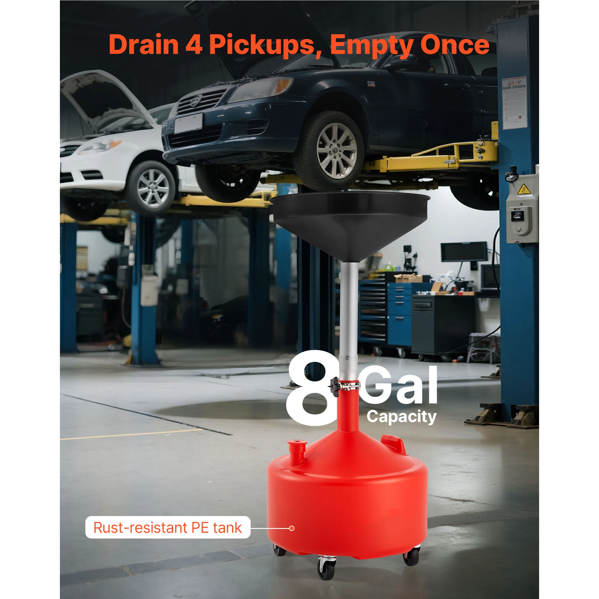 SucceBuy 8 Gal Waste Fluid Drain Tank with Height Adjustable Funnel Oil Drainer Fuel Transfer Drainage for Auto Repair Shops